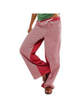 Women Y2k Red Striped Wide Leg Pants Baggy Drawstring Jeans Trendy Low Rise